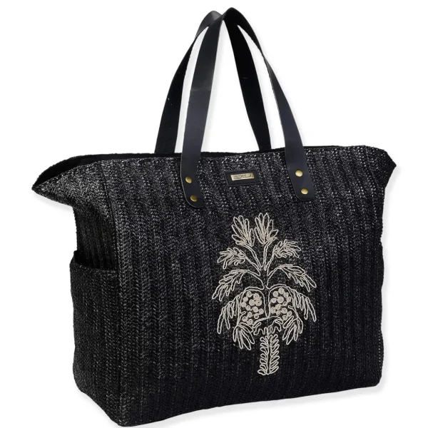 Black, Poly Straw Shoulder Tote | CE6628 B