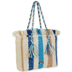 Blue Multi, Paper Straw Shoulder Tote | CE6677 B