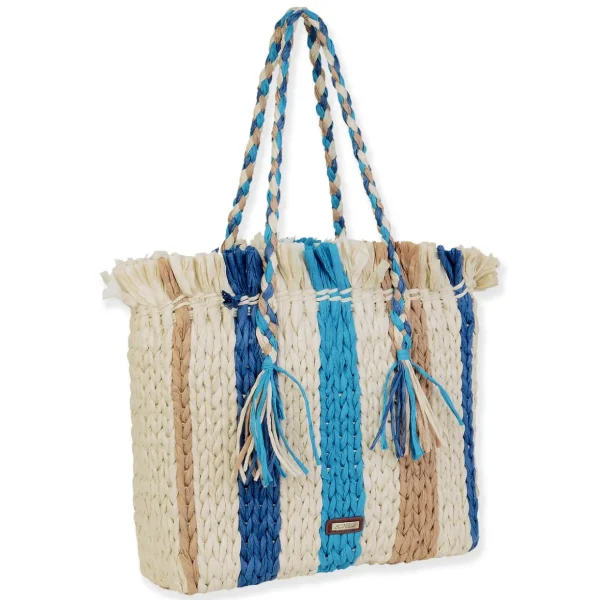 Blue Multi, Paper Straw Shoulder Tote | CE6677 B