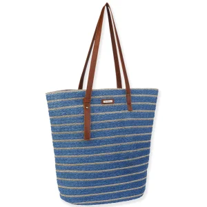Blue, Paper Straw with Lurex Shoulder Tote | CE6640 B