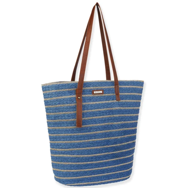 Blue, Paper Straw with Lurex Shoulder Tote | CE6640 B