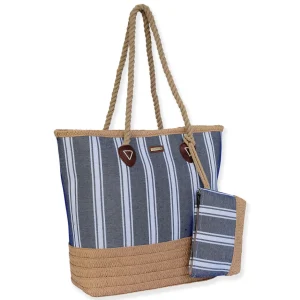 Blue, Poly Cotton/Paper Straw Shoulder Tote | CE6604 A