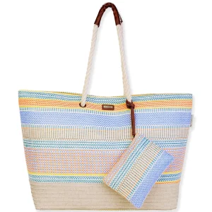 Blue, Poly/Paper Straw Shoulder Tote | CE6608 B