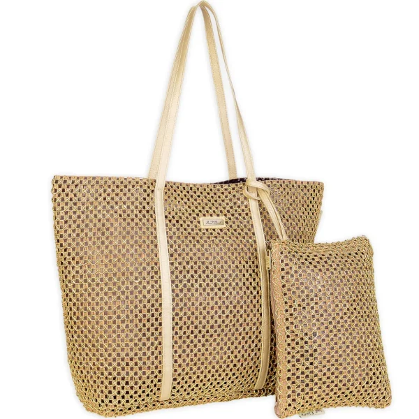 Gold, Paper/Metallic Crochet Shoulder Tote | CE6694 B