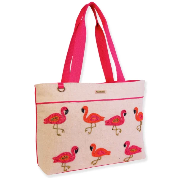 Natural, Shoulder Tote Beaded Flamingo | SNS6650 A