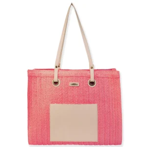 Pink, Paper Straw Shoulder Tote | CE6638 B