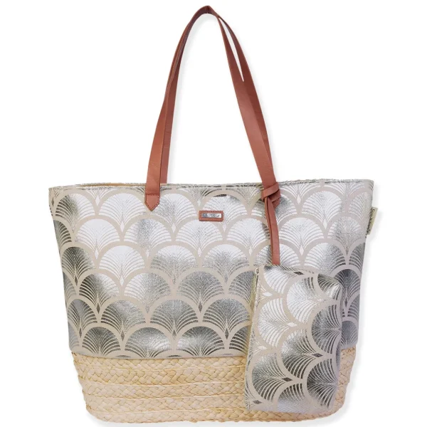 Silver, Jute Linen/Corn Husk Shoulder Tote | CE6624 A