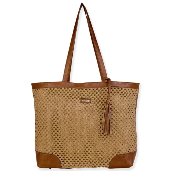 Tan, Paper Crochet Shoulder Tote | CE6701 B