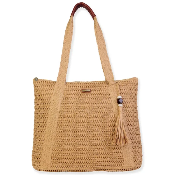 Tan, Paper Crochet Shoulder Tote | CE6697 B