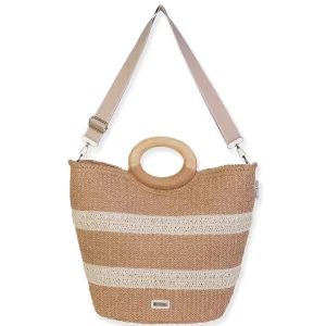 Tan, Paper Straw Shoulder Tote | CE6698 B