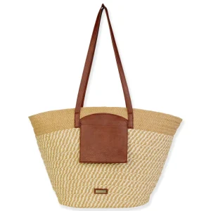 Tan, Paper Straw Shoulder Tote | CE6674 A