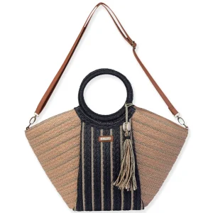 Tan, Paper Straw Shoulder Tote | CE6639 B