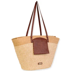 Tan, Paper Straw Shoulder Tote | CE6674 A