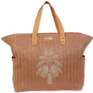 Tan, Poly Straw Shoulder Tote | CE6628 A
