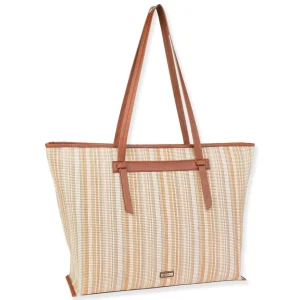 Tan, Poly Straw Shoulder Tote | CE6635 A
