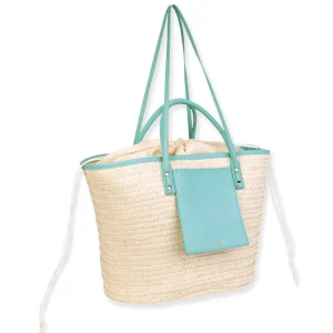 Teal, Paper Straw Shoulder Tote | CE6636 B