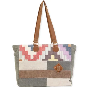 Up-Cycled Canvas | Dhurry Variant Fabrics | Shoulder Tote Genuine Leather Trim | UC179