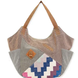 Up-Cycled Canvas | Dhurry Variant Fabrics | Scoop Tote Genuine Leather Trim | UC177