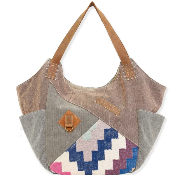 Up-Cycled Canvas | Dhurry Variant Fabrics | Scoop Tote Genuine Leather Trim | UC177