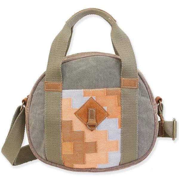 Up-Cycled Canvas | Dhurry Variant Fabrics | Round Carry Tote Genuine Leather Trim | UC187