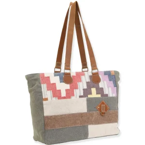 Up-Cycled Canvas | Dhurry Variant Fabrics | Shoulder Tote Genuine Leather Trim | UC179