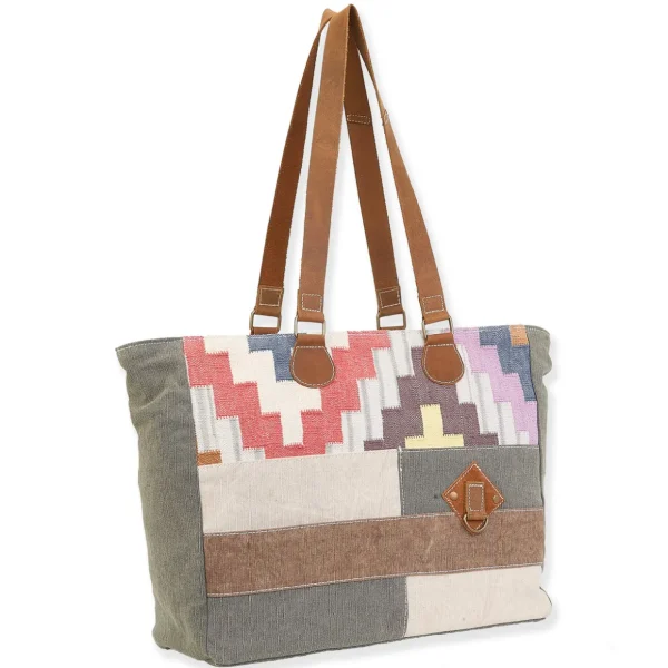 Up-Cycled Canvas | Dhurry Variant Fabrics | Shoulder Tote Genuine Leather Trim | UC179