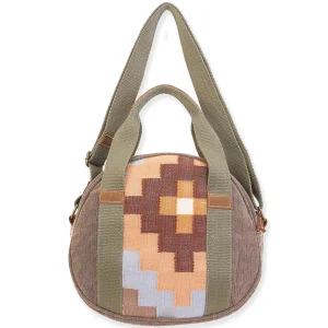 Up-Cycled Canvas | Dhurry Variant Fabrics | Round Carry Tote Genuine Leather Trim | UC187