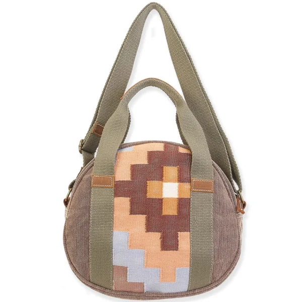 Up-Cycled Canvas | Dhurry Variant Fabrics | Round Carry Tote Genuine Leather Trim | UC187