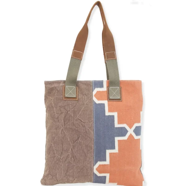 Up-Cycled Canvas | Dhurry Variant Fabrics | Shoulder Tote Genuine Leather Trim | UC180