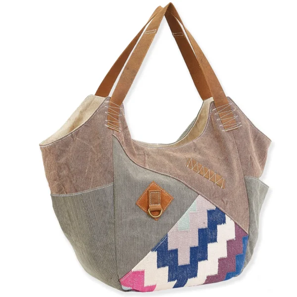Up-Cycled Canvas | Dhurry Variant Fabrics | Scoop Tote Genuine Leather Trim | UC177