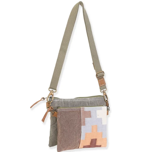 Up-Cycled Canvas | Dhurry Variant Fabrics | 2 Piece Crossbody Genuine Leather Trim | UC194