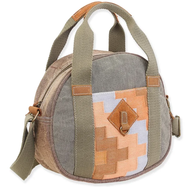 Up-Cycled Canvas | Dhurry Variant Fabrics | Round Carry Tote Genuine Leather Trim | UC187