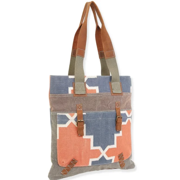 Up-Cycled Canvas | Dhurry Variant Fabrics | Shoulder Tote Genuine Leather Trim | UC180