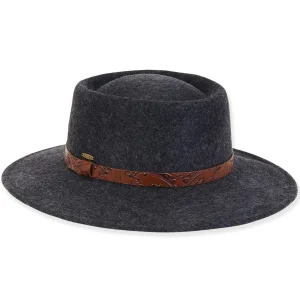 Women's Wool Felt Gambler Engraved Faux Leather Trim | AD1392 B
