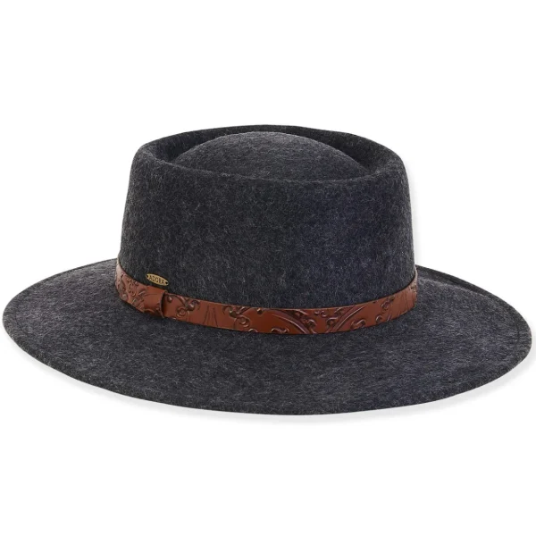 Women's Wool Felt Gambler Engraved Faux Leather Trim | AD1392 B